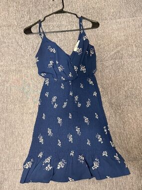Navy Floral Smocked Midi Dress with Ruffle Hem